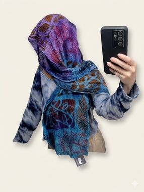 Pure Silk Sumi Ink Judy Tie Dye Teal Purple Lux Scarf Shawl New With Tags